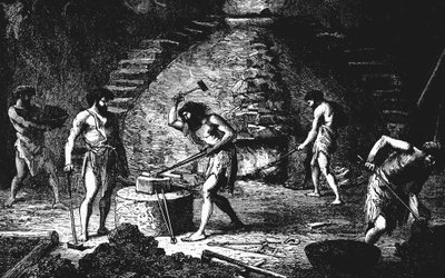 Reconstrucción artística de una forja de la Edad del Hierro tardía, 1890 de Unbekannt