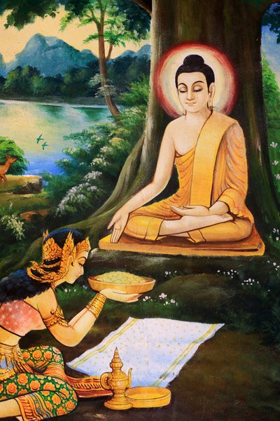 Buda ascético fue ofrecido un cuenco de arroz con leche en la mañana de su Iluminación por Nandabala. Pintura que representa la historia de la vida de Buda Shakyamuni. Wat Ong Teu Mahawihan. Templo del Buda Pesado. Vientián. Laos de Unbekannt