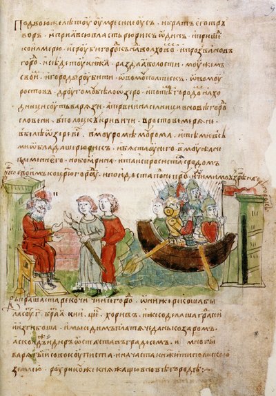 Askold y Dir pidieron permiso a Rurik para ir a Constantinopla del Crónica de Radziwill, siglo XV de Unbekannt