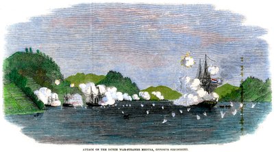 Ataque al vapor de guerra holandés Medusa, frente a Simonoseki, Japón, 1863 de Unbekannt