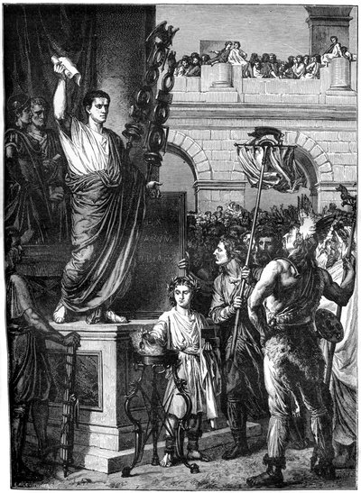 Augusto presenta la constitución, Lyon, Francia, 10 a.C. de Unbekannt