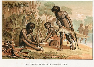 Nativos australianos preparando comida de un animal que han cazado de Unbekannt