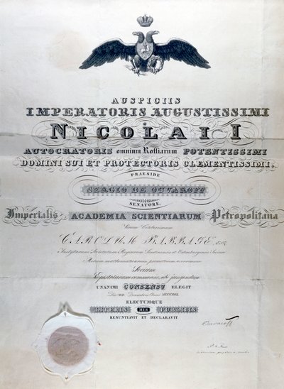 Diploma de Babbage de la Academia Imperial de Ciencias de San Petersburgo de Unbekannt