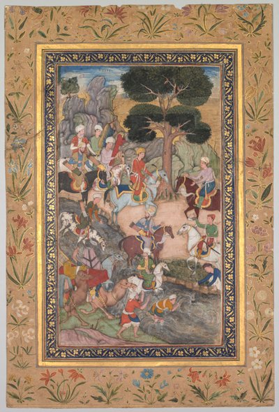 Babur reuniéndose con el Sultán Ali Mirza en el río Kohik, del Babur-nama Memorias de Babur, c. 159 de Unbekannt