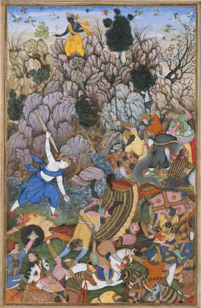Balarama y Krishna luchando contra el enemigo, Folio de un Harivamsa La Leyenda de..., ca. 1590-95 de Unbekannt