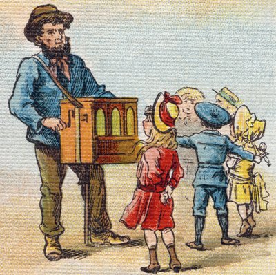 Órgano de Barbaria. Grabado en "Alphabet de ma petite fille". Bernardin-Bechet y Fils, libreros-editores, París, alrededor de 1895. Álbum inquebrantable sobre lienzo. Bibliothèque des Bébés. 12 páginas. Álbum que contiene un método de lectura y un abecedar de Unbekannt