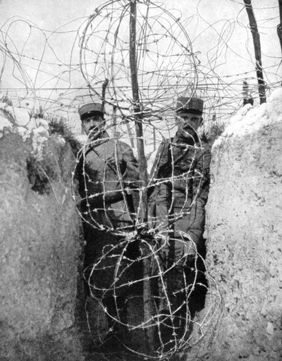 Alambre de púas rodeando una trinchera francesa, Primera Guerra Mundial, 1915 de Unbekannt