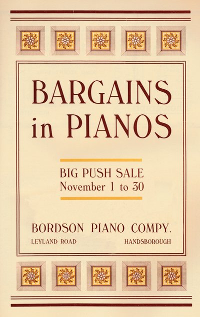 Ofertas en pianos - Anuncio de Bordson Piano Company, 1916 de Unbekannt
