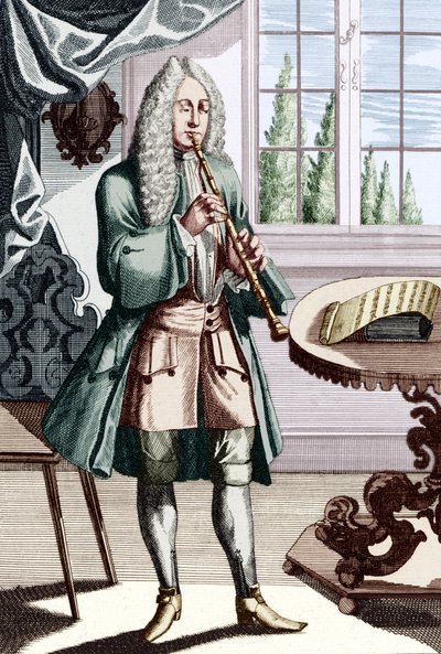 Músico de oboe barroco, la leyenda dice - Hombre tocando el hautboy (o hautbois) que es un oboe temprano. Grabado por J C Weigel (1661-1726) de Musikalisches Theatrum. de Unbekannt