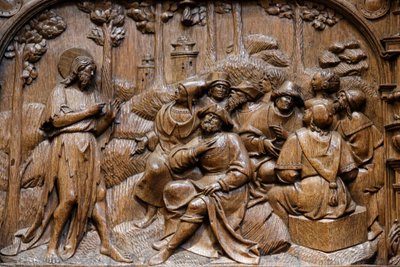 Basílica de San Denis, estalles de la Capilla de Goillon (comienzos del siglo XVI), representación de Jesús expresándose en parábolas frente a los habitantes de Palestina, Saint-Denis, Francia de Unbekannt