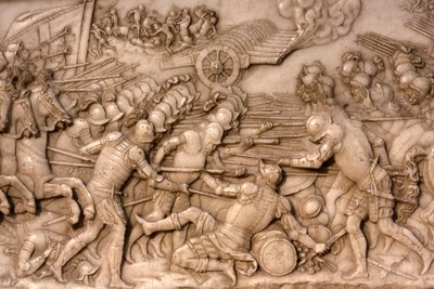 Basílica de San Denis, Tumba de Francisco I rey de Francia y Claudia de Francia, bajo relieve de la Fundación, Representación de la batalla de Marignano en 1515 - los franceses y su artillería enfrentando a la Antigua Confederación Suiza, Saint-Denis, Fran de Unbekannt