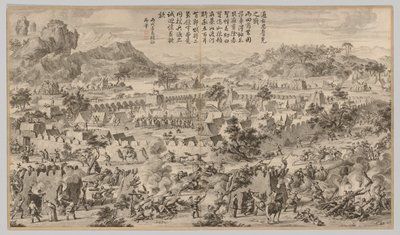 Batalla en Tunggushi Luke: de Escenas de batalla de la represión de las rebeliones..., c. 1765-1774 de Unbekannt
