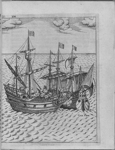 Batalla entre el barco Golden Hind de Francis Drake y el barco español Cacafuego. De Levinus Hulsius de Unbekannt
