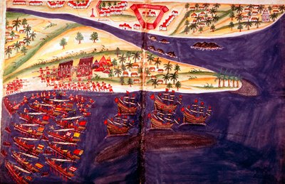 Batalla entre musulmanes y portugueses en Surat, Gujarat cerca de Bombay, India, siglo XVI de Unbekannt