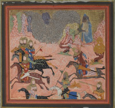 Bazur, el mago, levanta oscuridad y tormenta, folio de un Shahnama de Unbekannt