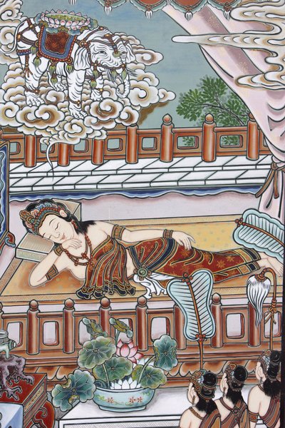 Antes del nacimiento de Siddartha Gautama, su madre soñó con un elefante blanco que le presentaba una flor de loto, Seúl, Corea del Sur de Unbekannt