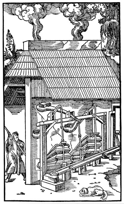 Fuelles suministrando aire a un horno de fundición, 1556 de Unbekannt