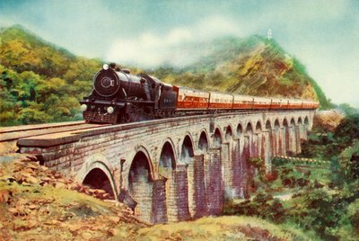 Entre Bombay y Delhi. Una vista impresionante del Frontier Mail pasando sobre un viaducto, 1935 de Unbekannt