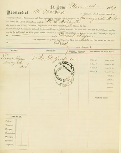 Conocimiento de embarque, barco de vapor M[ary] E. Forsyth, Sunnyside, Arkansas, 1 de noviembre de 1864 de Unbekannt