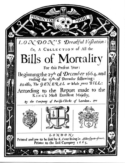 Facturas de mortalidad para Londres, cubriendo parte del período de la Gran Plaga, 1664-1665 de Unbekannt