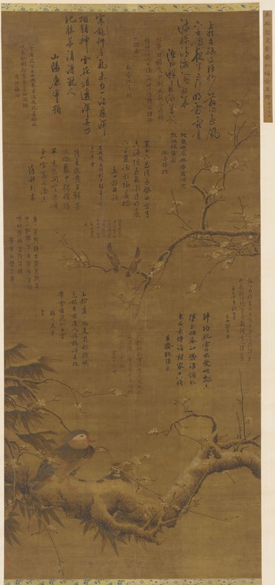 Aves y flores de ciruelo en la nieve, dinastía Ming, 1368-1644 de Unbekannt