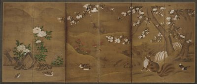 Aves, flores de las estaciones y gatos civetas, período Muromachi o Momoyama, siglo XVI de Unbekannt