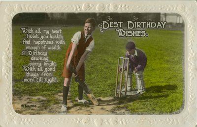 Tarjeta de cumpleaños con dos niños jugando al cricket de Unbekannt