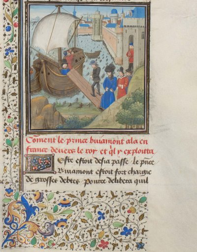 Bohemundo I de Antioquía viajó de regreso a Apulia. Miniatura de la Historia de Guillermo de Tiro, 1460s de Unbekannt