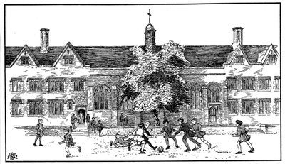Niños en tiempos Tudor jugando al fútbol en la Escuela de Gramática de Berkhamsted, Hertfordshire de Unbekannt