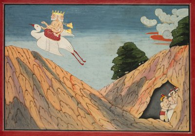Brahma esconde a los pastores y los terneros en la cueva, página de un Bhagavata Purana, c. 1760-1765 de Unbekannt