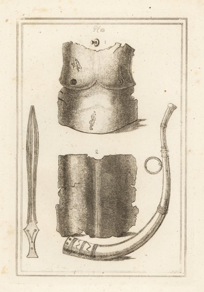 Coraza y espaldar de una coraza romana antigua 1,2, lituus romano o trompeta militar 3 y espada de bronce antigua 4 de Unbekannt