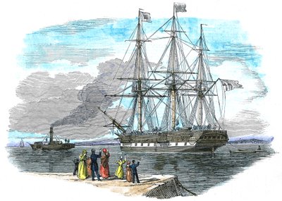 Barco emigrante británico siendo remolcado fuera del puerto antes de zarpar hacia Sídney, Australia de Unbekannt