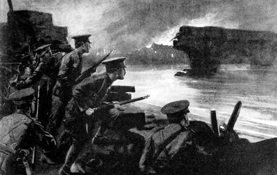 Tropas británicas en la ribera preparadas para el avance alemán, Bélgica, Primera Guerra Mundial, 1914 de Unbekannt
