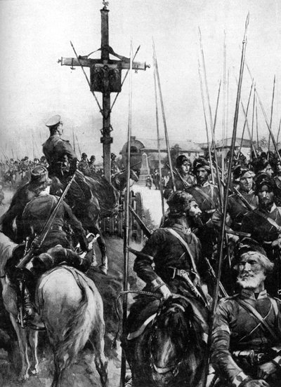 Tropas británicas pasando por un pueblo gallego, España, Primera Guerra Mundial, 1914 de Unbekannt