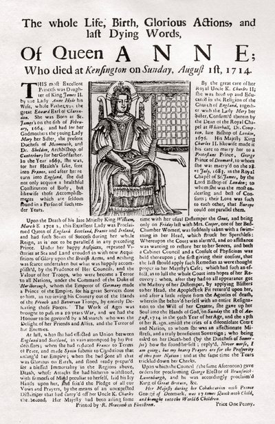 Hoja suelta publicada por la muerte de la Reina Ana, 1714 de Unbekannt