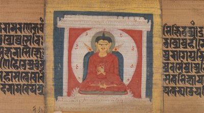 Buda entronizado en un santuario, hoja de... Pancavimsatisahasrika Prajnaparamita..., ca. 1090 de Unbekannt