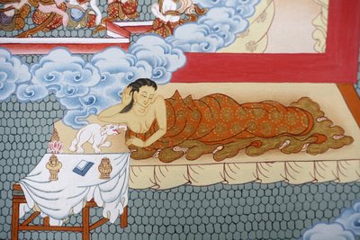 La madre de Buda soñando con un elefante blanco. Thangka, Bhaktapur, Nepal de Unbekannt