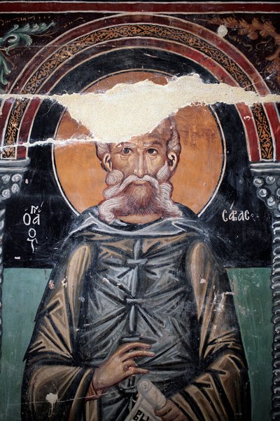 Fresco bizantino del siglo XV (detalle) San Sabas Pintura mural Capilla del Arcángel Miguel, pueblo de Galata Chipre Iglesias pintadas sitio UNESCO Troodos, Chipre de Unbekannt