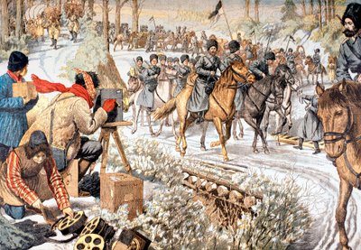 Camarógrafo filmando tropas rusas en Manchuria para un noticiero temprano, Guerra Ruso-Japonesa, 1904 de Unbekannt