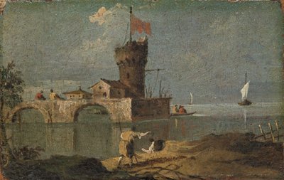 Capricho con una Torre Circular, Dos Casas y un Puente de Unbekannt