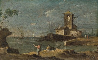 Capricho con una torre cuadrada y dos casas, siglo XVIII de Unbekannt