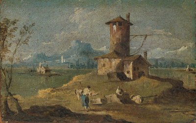 Capricho con una isla, una torre y casas de Unbekannt