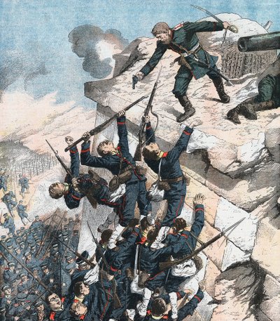 El capitán Lebedief defendiendo heroicamente el bastión en Port Arthur, Guerra Ruso-Japonesa, 1904-1905 de Unbekannt