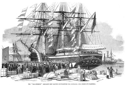 Caroline Chisholm dirigiéndose a una multitud desde el barco emigrante Ballengeich de Unbekannt