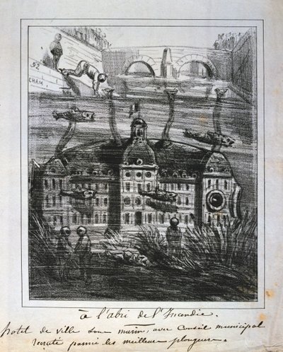 Propuesta de caricatura para reconstruir el Hotel de Ville bajo el agua para prevenir incendios, Comuna de París, 1871 de Unbekannt