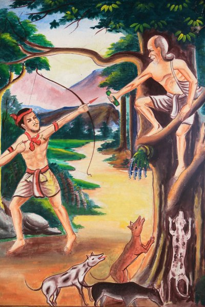 Obra de arte en el techo que representa la vida de Buda. Templo Wat Si Sou Mang Karam. Vieng Vang. Laos, 20151102, Vieng Vang, Laos de Unbekannt