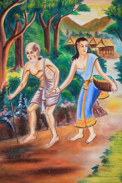 Obra de arte en el techo que representa la vida de Buda. Templo Wat Si Sou Mang Karam. Vieng Vang, Laos, 20151102, Vieng Vang, Laos de Unbekannt