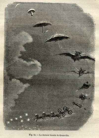 Metamorfosis celestial: El sueño de una joven que contempla la luna, que se convierte en un hongo, paraguas, murciélago... y finalmente en un tanque de la Osa Mayor (último dibujo de Jean-Isidore Gerard, conocido como J.J. Grandville) de Unbekannt