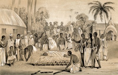 Ceremonia de quema de una viuda hindú con el cuerpo de su difunto esposo, 1847 de Unbekannt