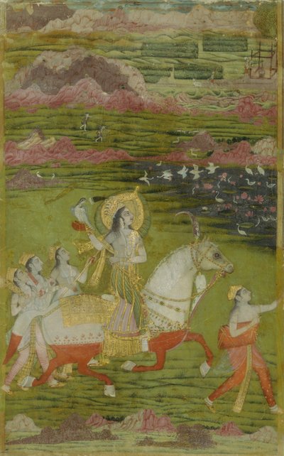 Chand Bibi cazando con halcón y asistentes en un paisaje de Unbekannt